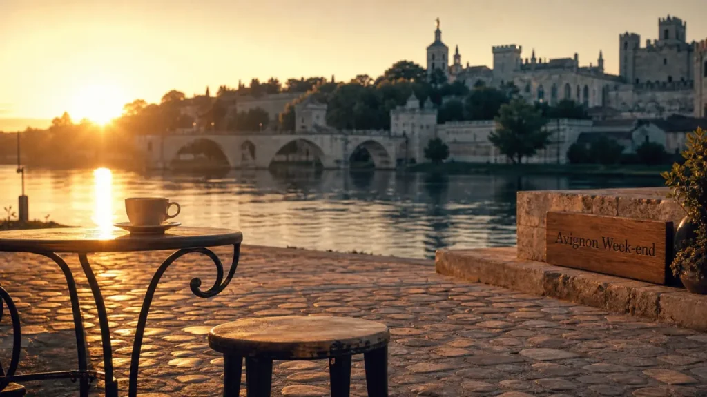 Echappées belles week end à Avignon : pont Saint-Bénézet et Palais des Papes au golden hour