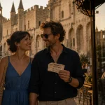 Avignon ce week end : couple sur les pavés vers le Palais des Papes