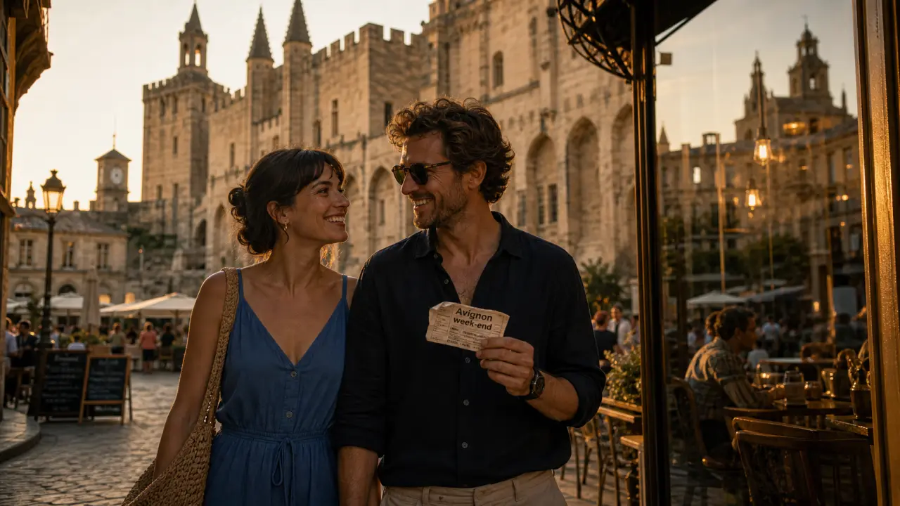 Avignon ce week end : couple sur les pavés vers le Palais des Papes