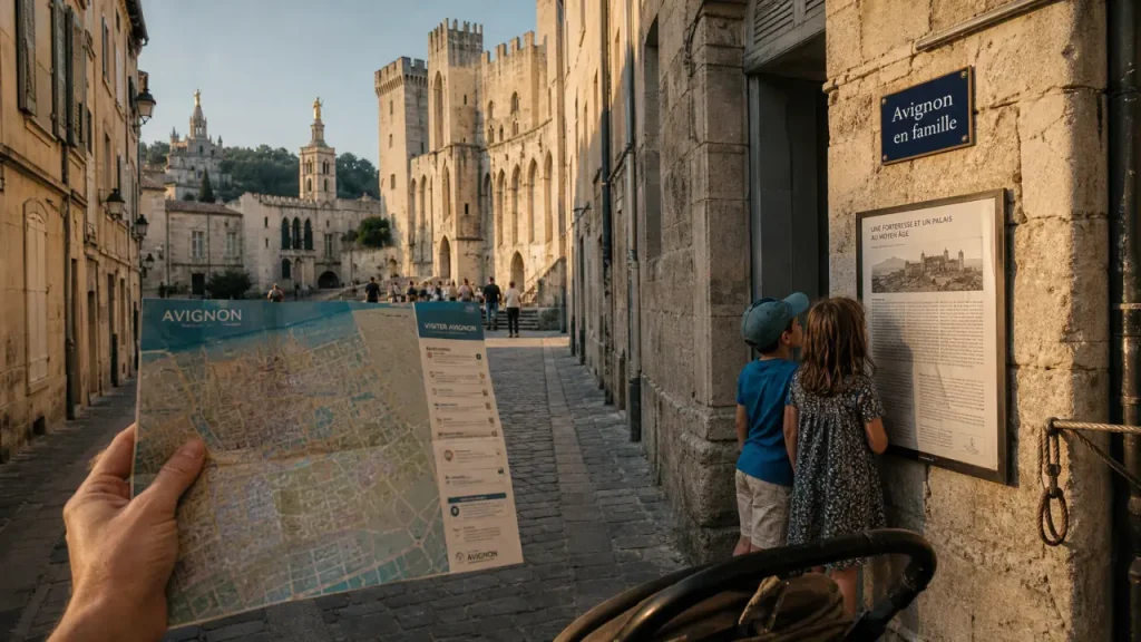 Avignon en famille : rue pavée, Palais des Papes au fond