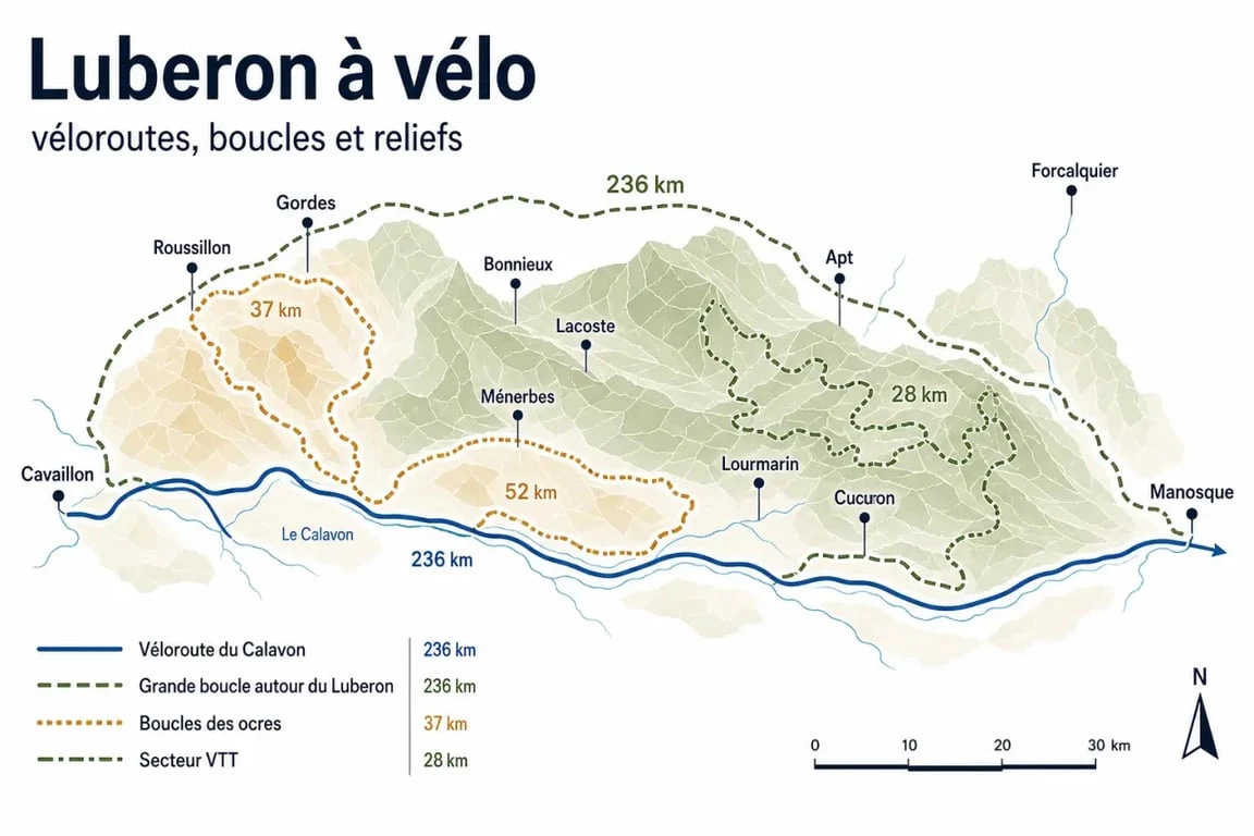Luberon à vélo : carte éditoriale des principaux itinéraires entre Calavon, ocres et villages perchés