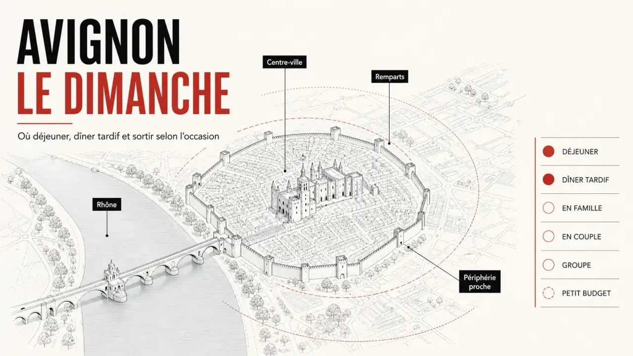Restaurants Avignon ouverts le dimanche : repères visuels pour comparer le centre-ville, la périphérie, le déjeuner et le dîner