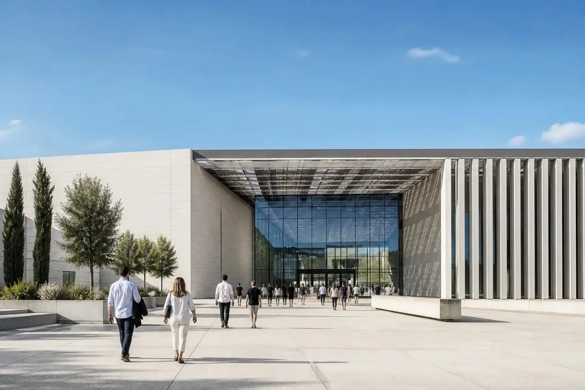 Parc des expositions avignon aujourd'hui, vue de la façade et de l’entrée principale du Parc Expo d’Avignon