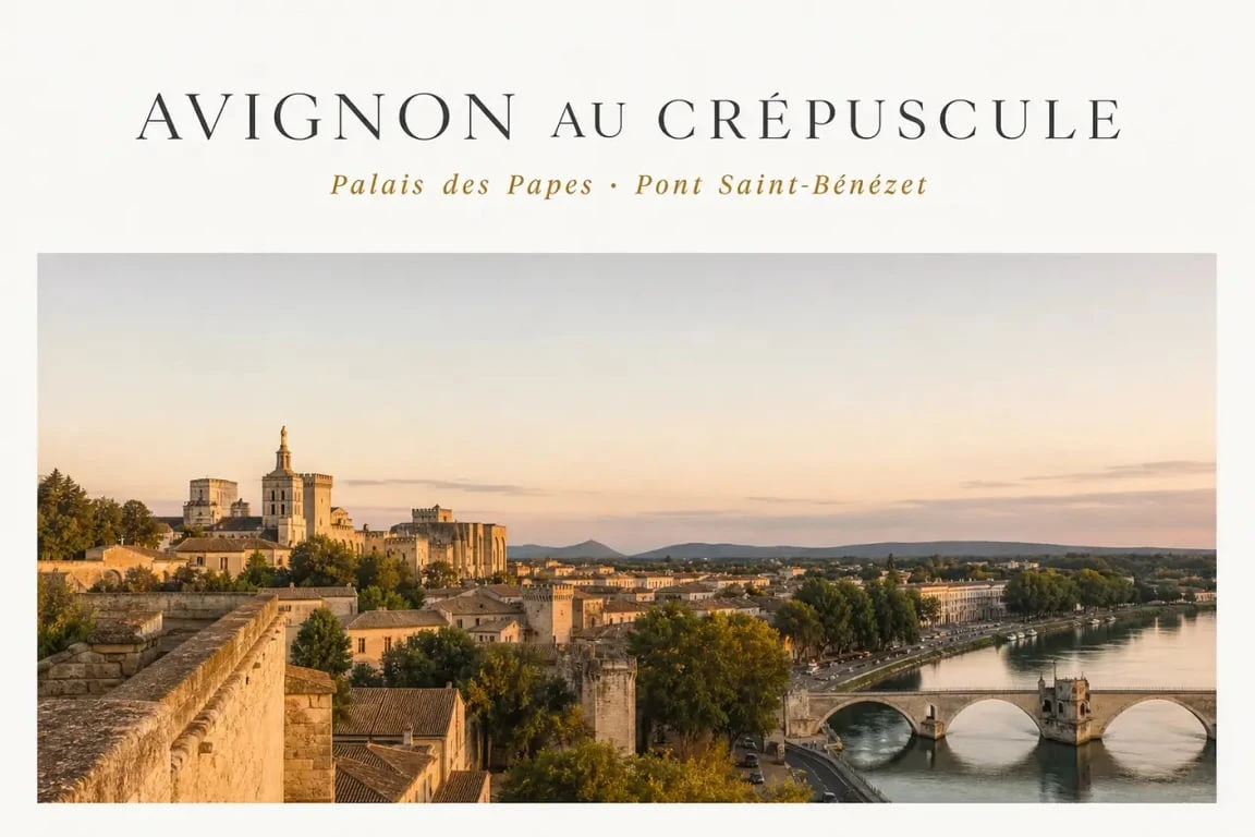 Échappées belles week-end à Avignon : panorama du Palais des Papes et du pont Saint-Bénézet au coucher du soleil