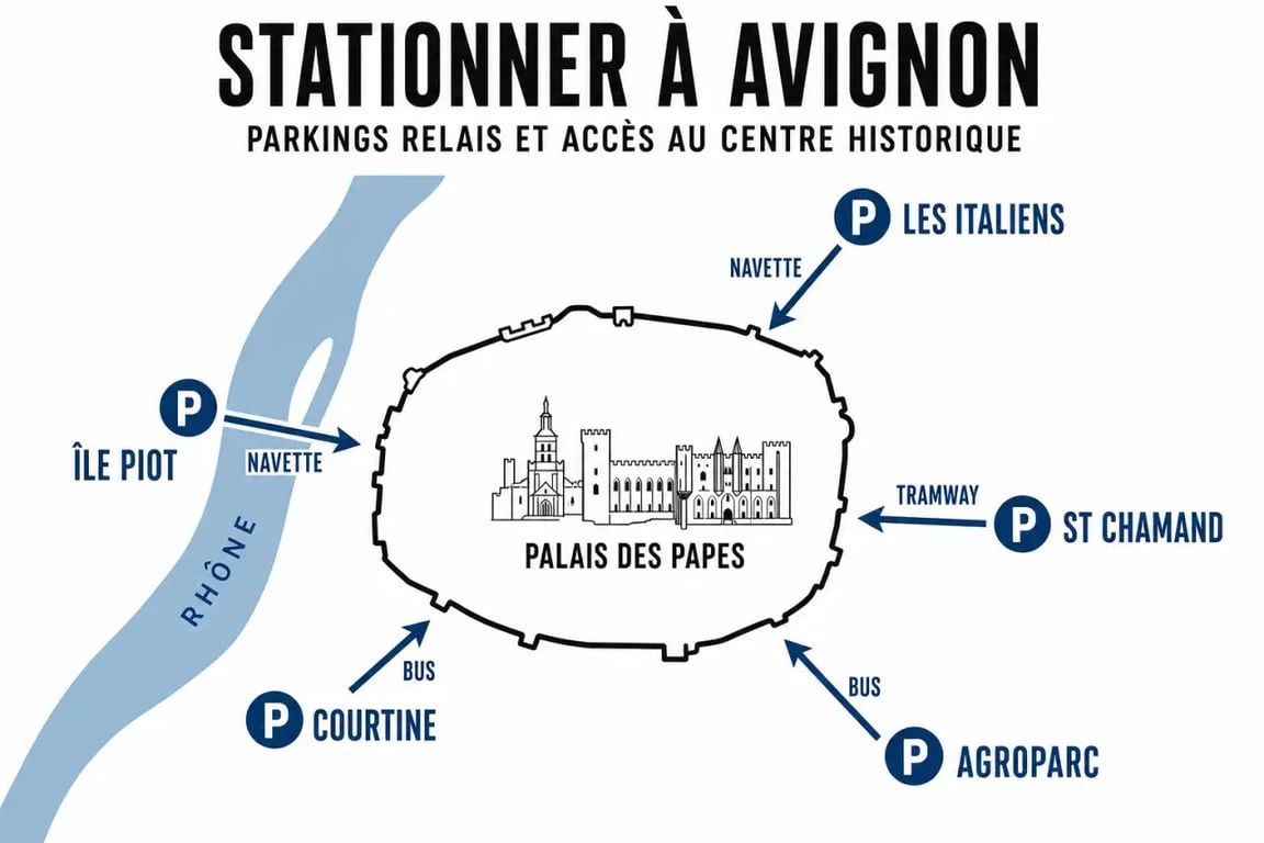 Parking gratuit Avignon : schéma des parkings relais autour des remparts et de l’accès au centre