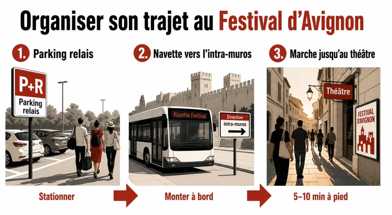 Navette Festival Avignon : trajet de parking relais vers l'intra-muros puis marche jusqu'au théâtre