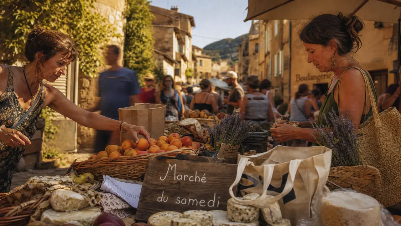 Foire dans le Vaucluse ce week-end : marché du Luberon, étal de fruits et lavande