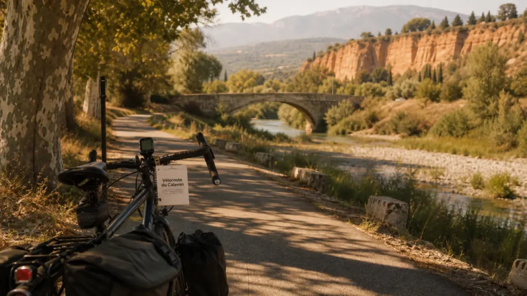 Luberon à vélo sur la voie verte du Calavon : sentier cyclable en fin d’après-midi