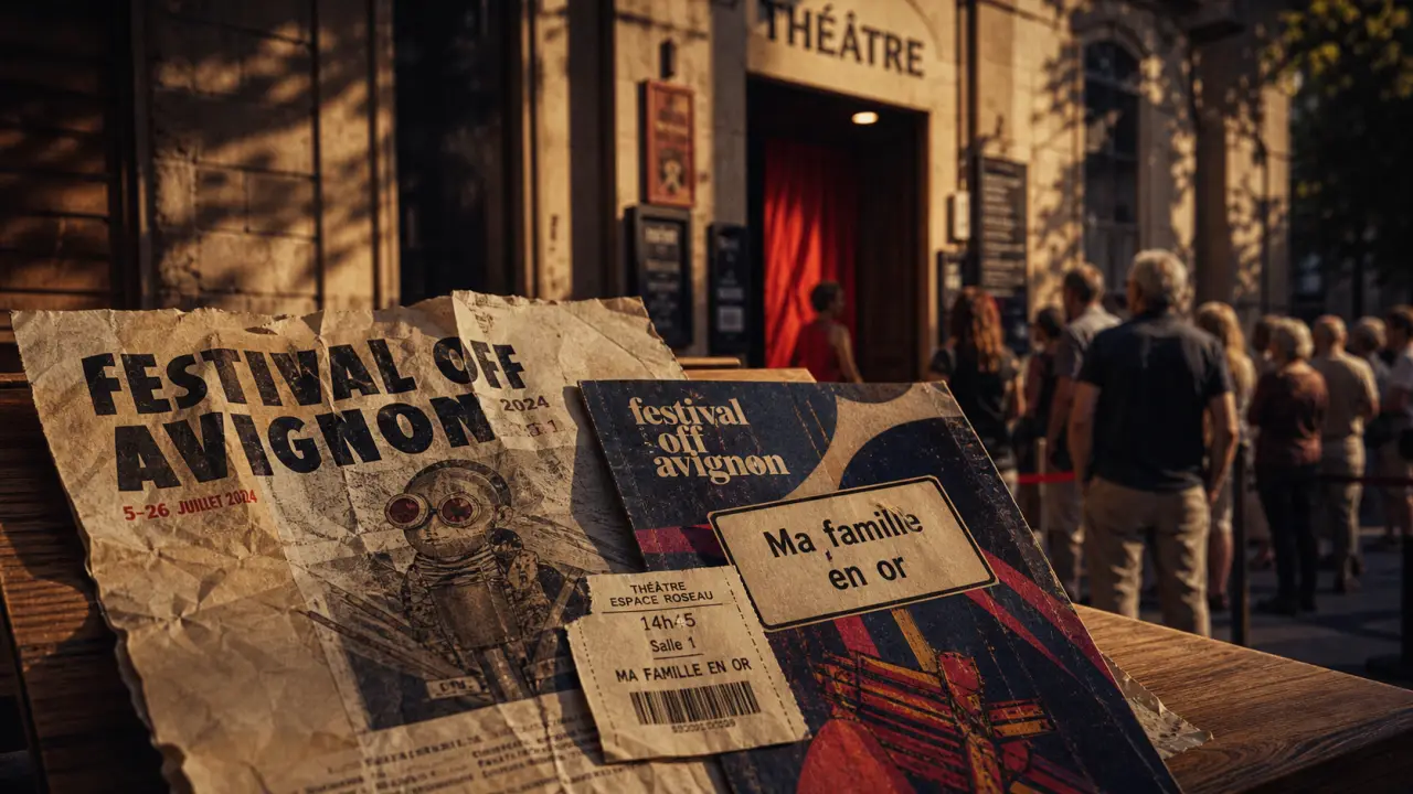 Ma famille en or festival avignon : affiche, théâtre et entrée d’Avignon