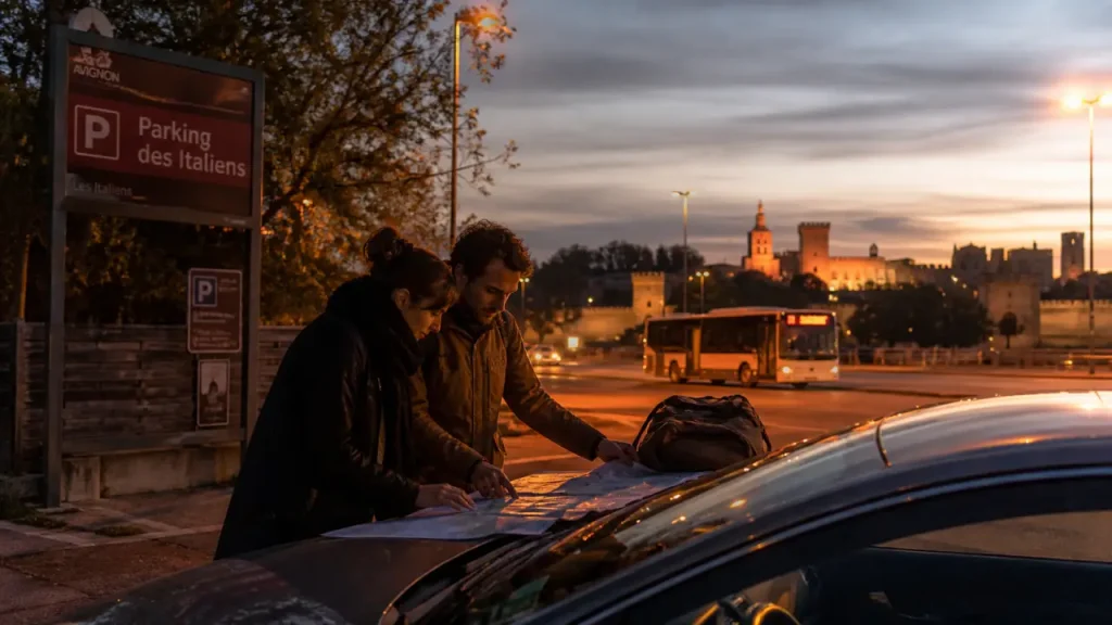 Navette festival Avignon, couple devant parking relais avec plan papier