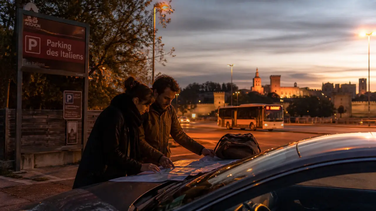 Navette festival Avignon, couple devant parking relais avec plan papier
