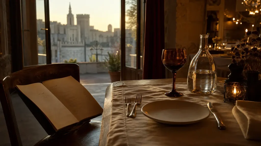 Prix menu la mirande avignon : table, menu et verres à vin