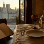 Prix menu la mirande avignon : table, menu et verres à vin