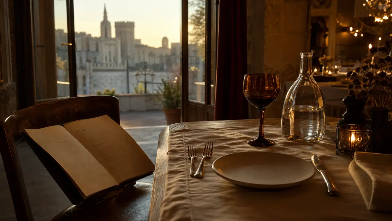 Prix menu la mirande avignon : table, menu et verres à vin