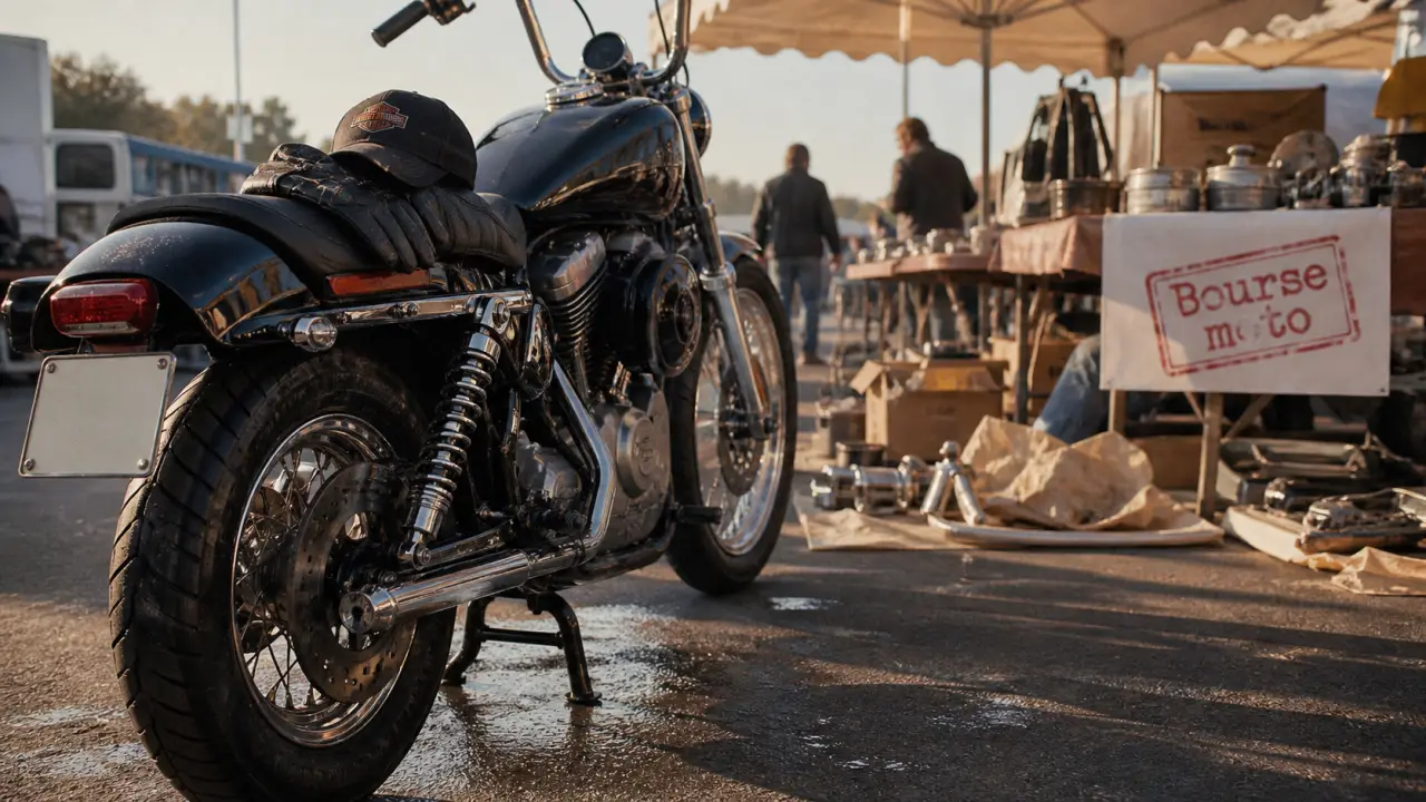 Rassemblement moto ce week end près de Avignon : moto custom et table de bourse sous barnum