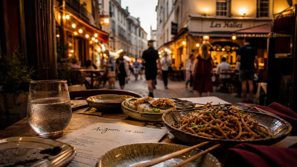 Restaurants Avignon : table du centre au soir, ruelle vers les Halles