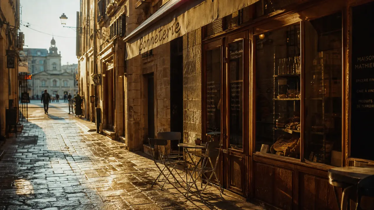 Rue bonneterie à Avignon au golden hour, commerces et façade ancienne