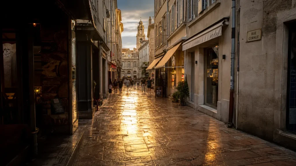 Rue d Avignon : plaque Rue Cornue et rue piétonne en Golden hour