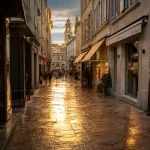 Rue d Avignon : plaque Rue Cornue et rue piétonne en Golden hour