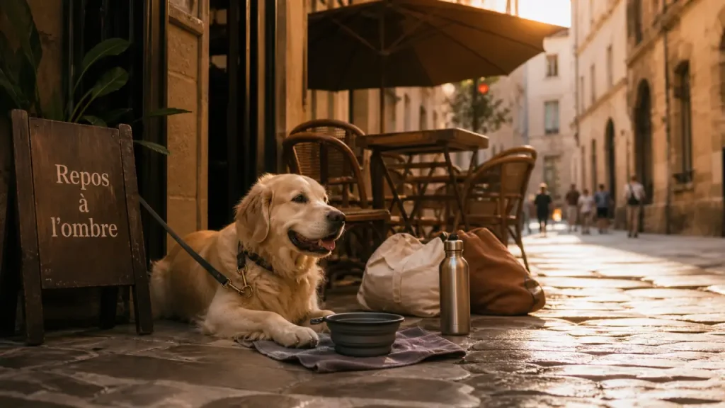 Visiter Avignon avec un chien : chien près d’une terrasse ombragée en ruelle