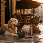 Visiter Avignon avec un chien : chien près d’une terrasse ombragée en ruelle
