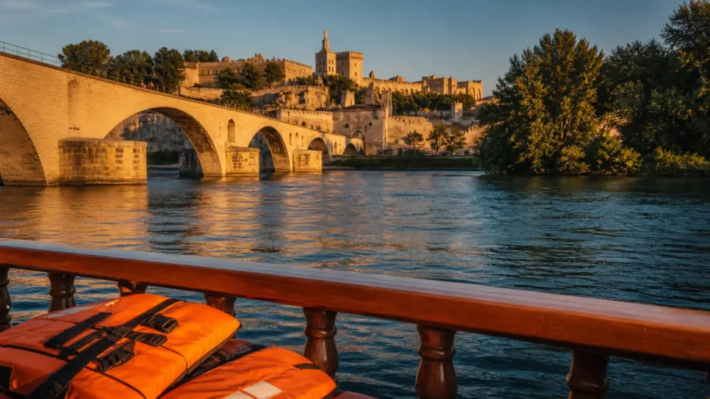 Visiter Avignon en bateau : vue du Rhône, Pont d’Avignon et Palais des Papes depuis un bateau