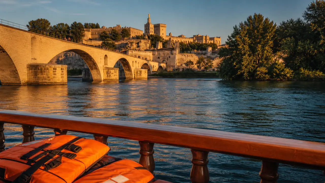 Visiter Avignon en bateau : vue du Rhône, Pont d’Avignon et Palais des Papes depuis un bateau