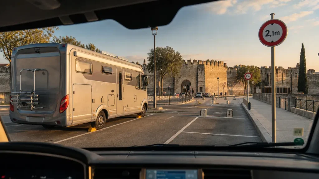 Visiter Avignon en camping-car : parking périphérie, remparts au loin