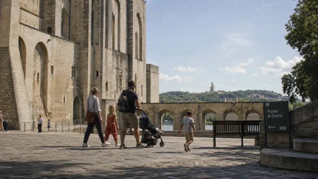 Visiter Avignon en famille : famille devant le Palais des Papes