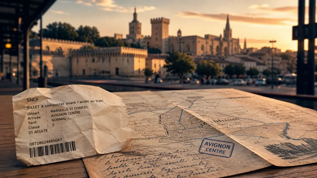 Visiter avignon sans voiture : carte d’itinéraire et ticket près de la gare, vue du centre historique