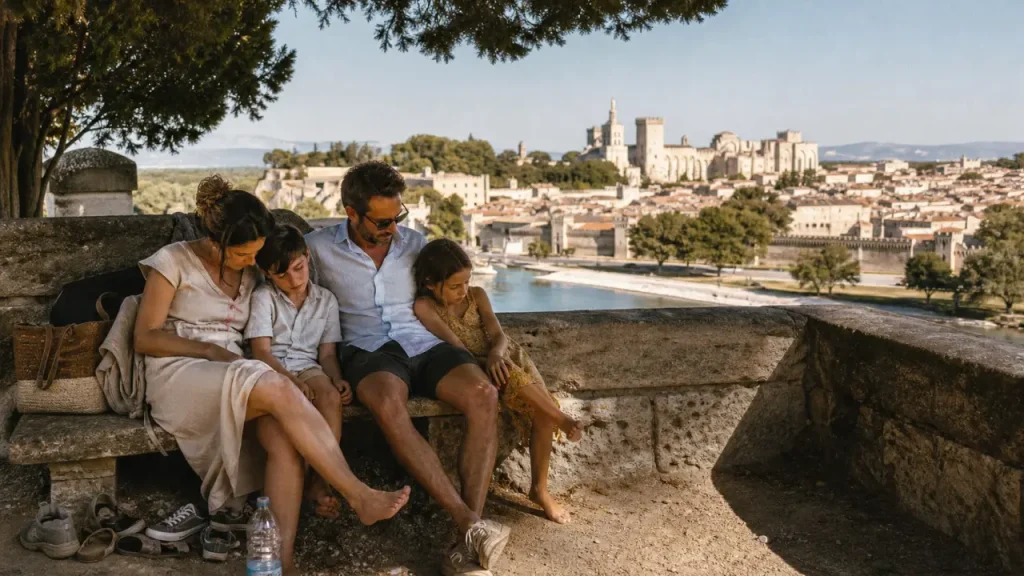 Vive les vacances en famille Avignon au Rocher des Doms, banc ombragé