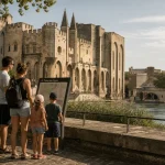 Vive les vacances en famille Avignon : famille avec poussette près du Palais des Papes