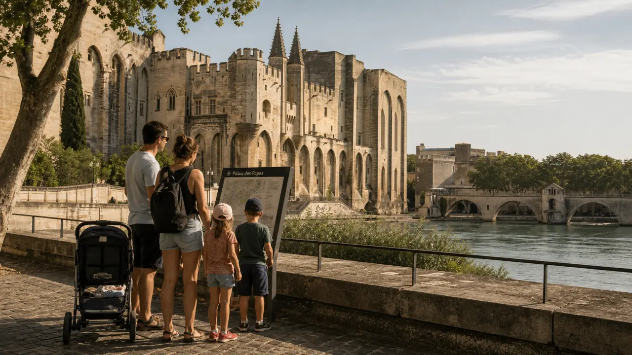 Vive les vacances en famille Avignon : famille avec poussette près du Palais des Papes