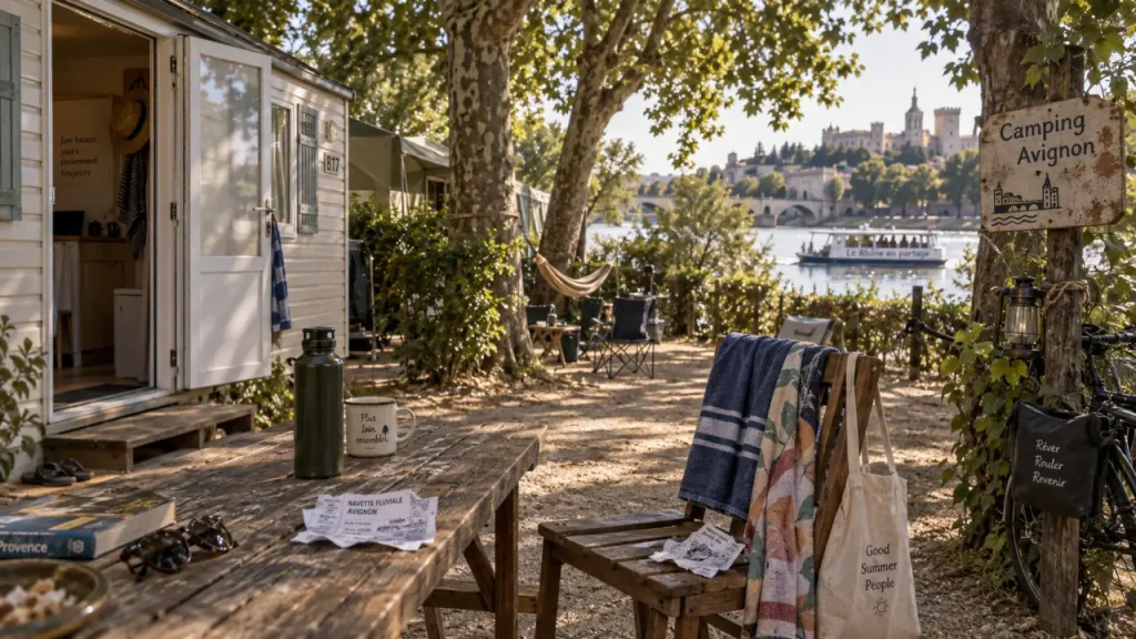 Camping festival avignon : mobil-home près du Rhône, ombragé sous les platanes