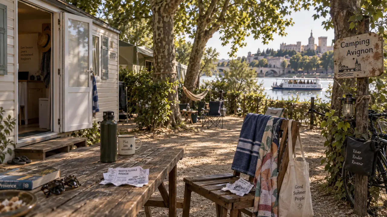 Camping festival avignon : mobil-home près du Rhône, ombragé sous les platanes