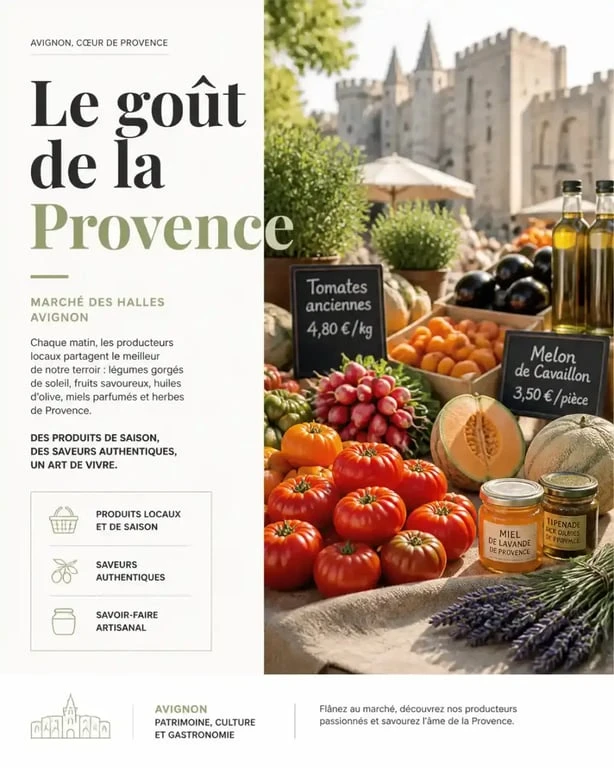 Étal de produits frais et locaux sur un marché provençal à Avignon
