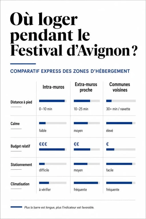 Hébergement Avignon festival : comparaison des zones intra-muros, extra-muros et communes voisines