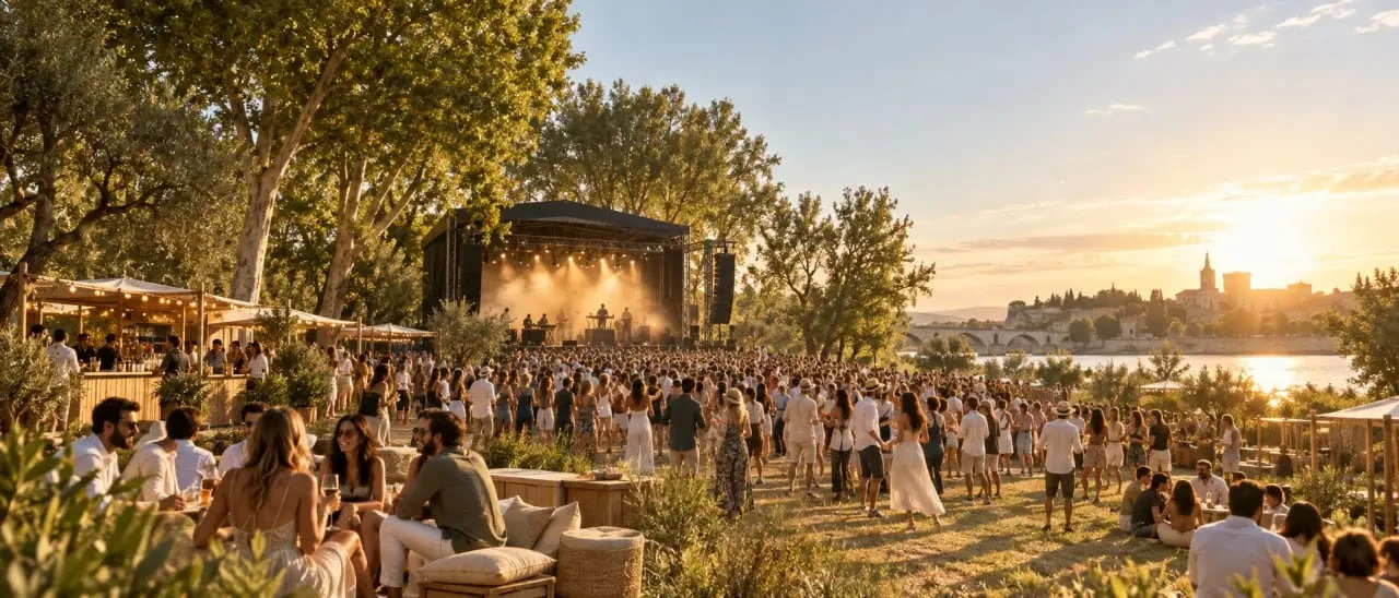 Festival idylle Avignon sur l’île de la Barthelasse, scène musicale en plein air et public convivial
