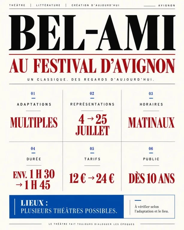 Infographie pratique sur Bel Ami au Festival d’Avignon : horaires, durée, tarifs, âge minimum et salles