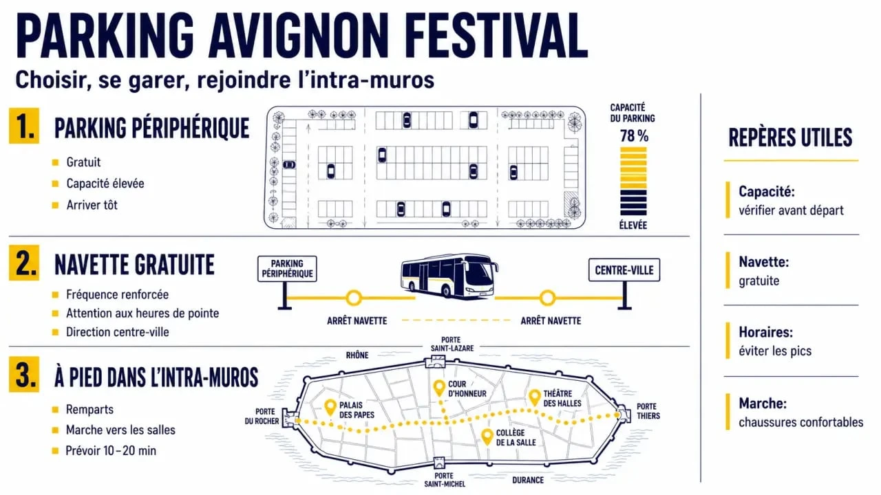 Parking Avignon festival : synthèse visuelle des parkings gratuits, navettes et accès au centre pendant le festival