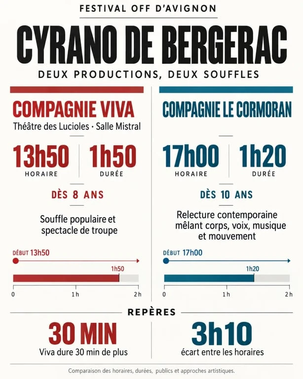 Infographie comparative des spectacles Cyrano au Festival OFF d’Avignon