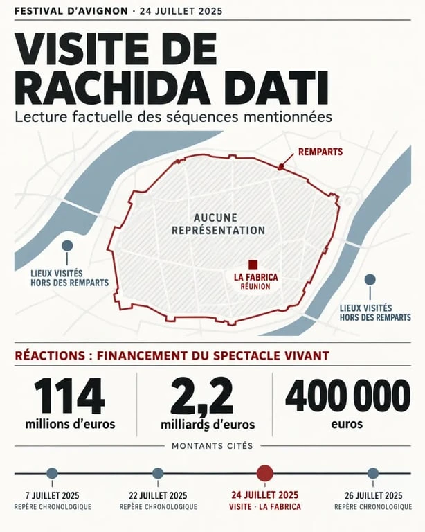 Infographie sur Rachida Dati au Festival d’Avignon, sa visite du 24 juillet 2025 et les enjeux du spectacle vivant