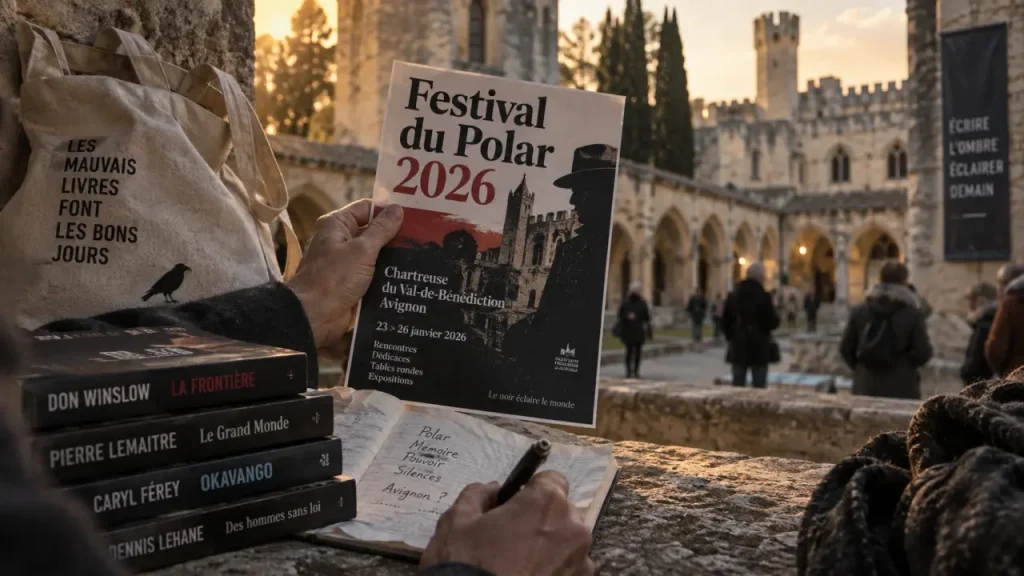 Festival du polar Villeneuve-lez-Avignon : tote bag, carnet et romans noirs devant la Chartreuse