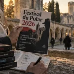 Festival du polar Villeneuve-lez-Avignon : tote bag, carnet et romans noirs devant la Chartreuse