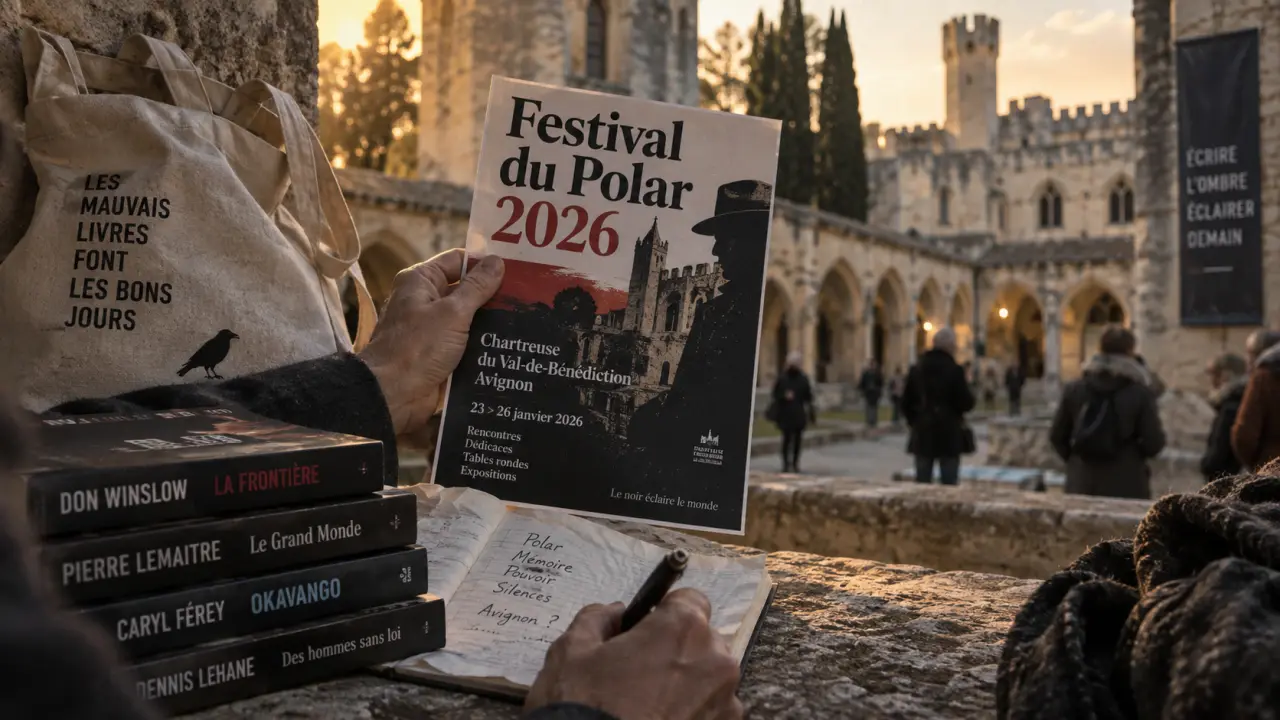 Festival du polar Villeneuve-lez-Avignon : tote bag, carnet et romans noirs devant la Chartreuse