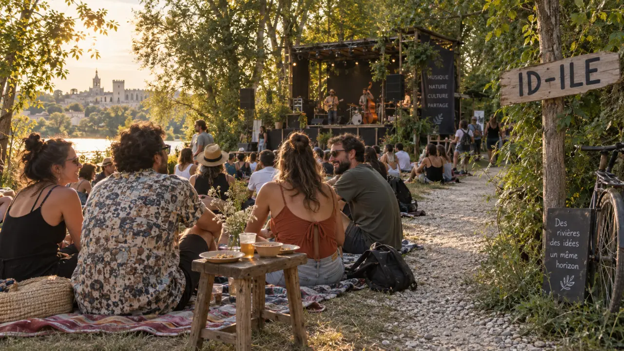 Festival idylle avignon sur l’île de la Barthelasse, festivaliers au bord d’un sentier