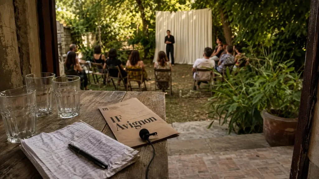 Festival IF Avignon en jardin privé : scène et public attentif