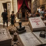 Festival of Avignon : billets et affiches Festival Off dans une ruelle d’Avignon