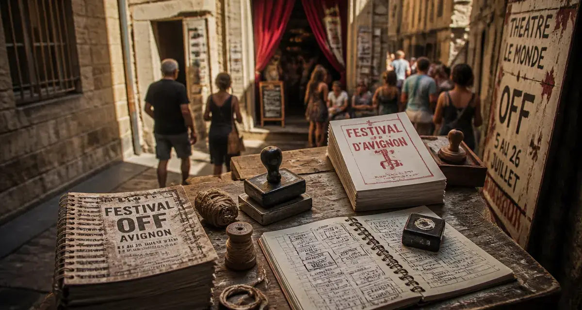 Festival of Avignon : billets et affiches Festival Off dans une ruelle d’Avignon