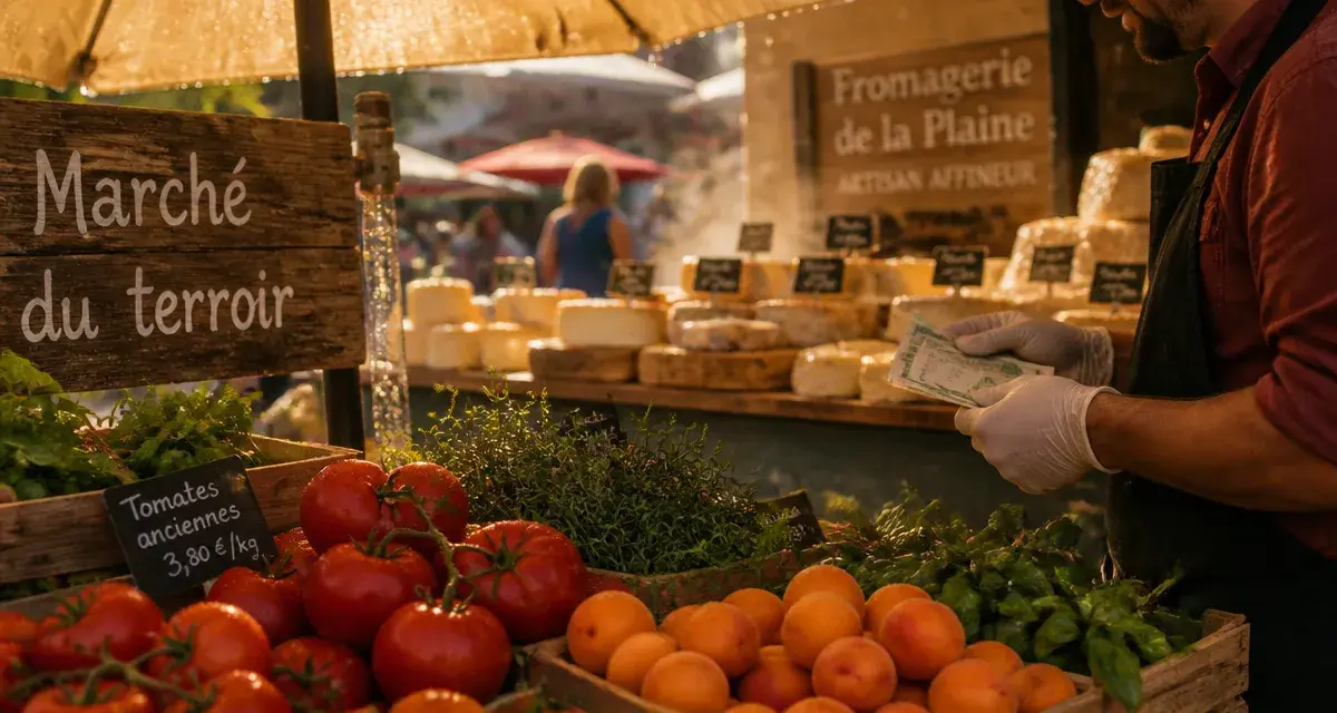 Marchés avignon alentours : étal terroir au marché, tomates et abricots